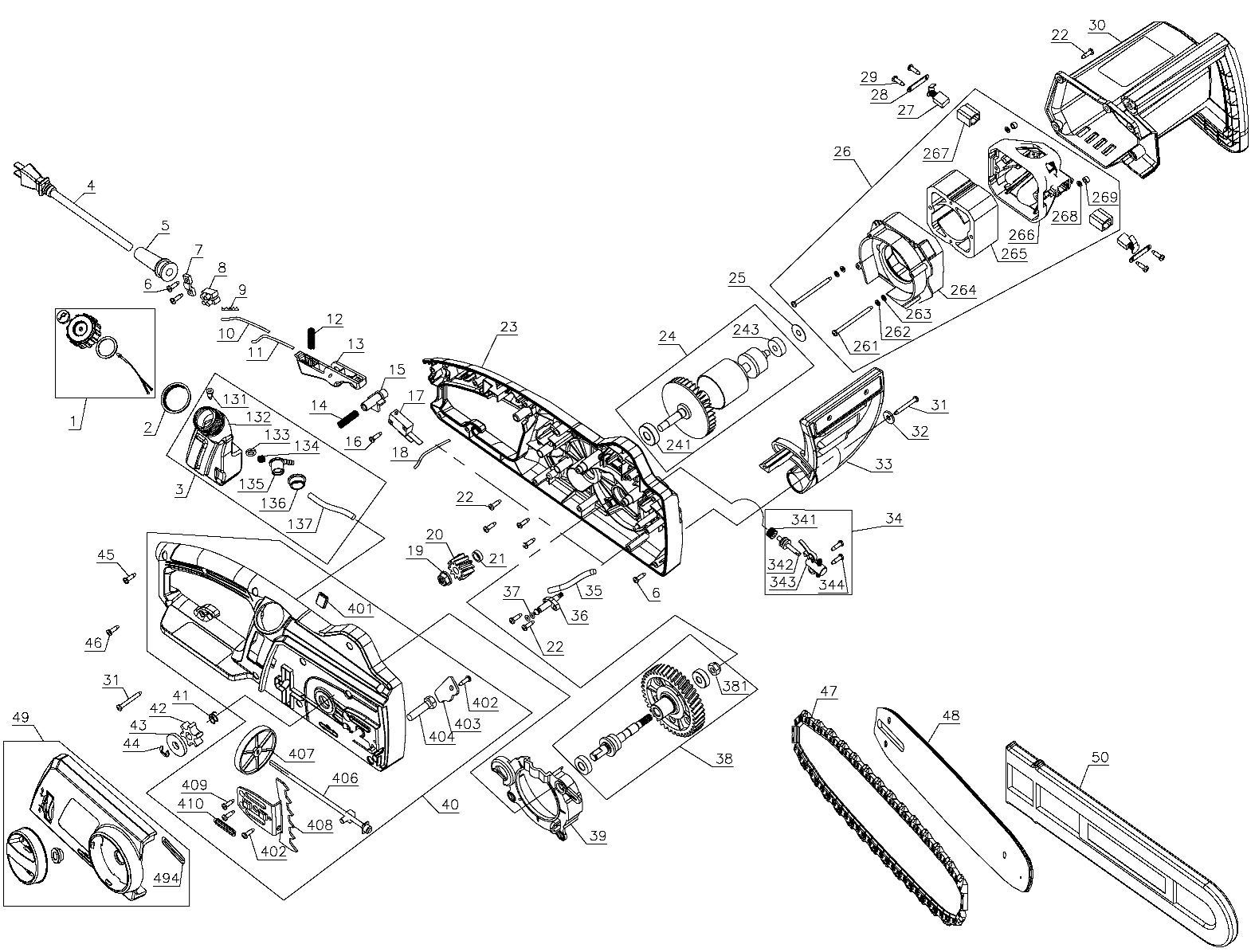 Default Diagram and Parts List for CS1216 Type 1 Black and Decker Chainsaw
